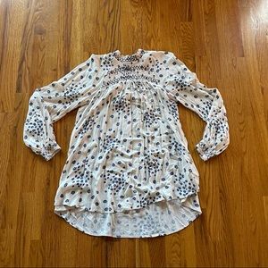 Free People cream and blue floral mock neck tunic with ruching